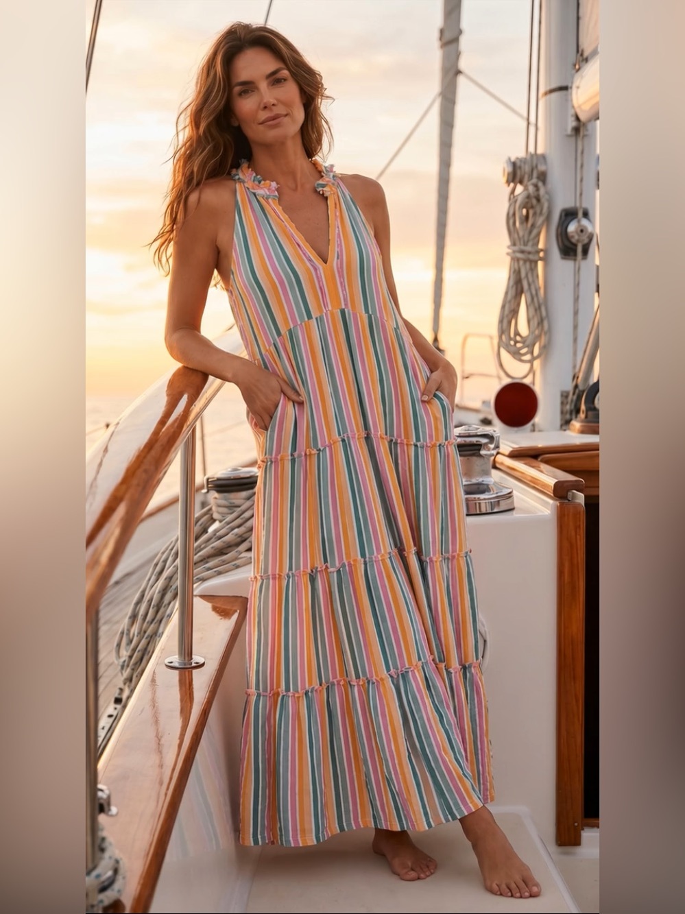 Lola Australia Sapphire Halter Tiered Multicolored Pocket Maxi Dress